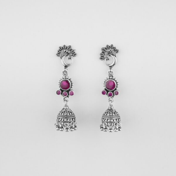 Peacock Ruby Pink Jhumkas In Pure Silver