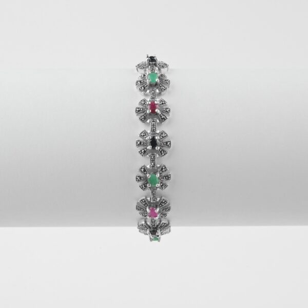 Flower Shape Multi Color Marcasite Silver Bracelet